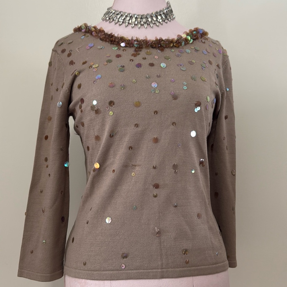 Talbots tan silk blend sequin sweater in size MP